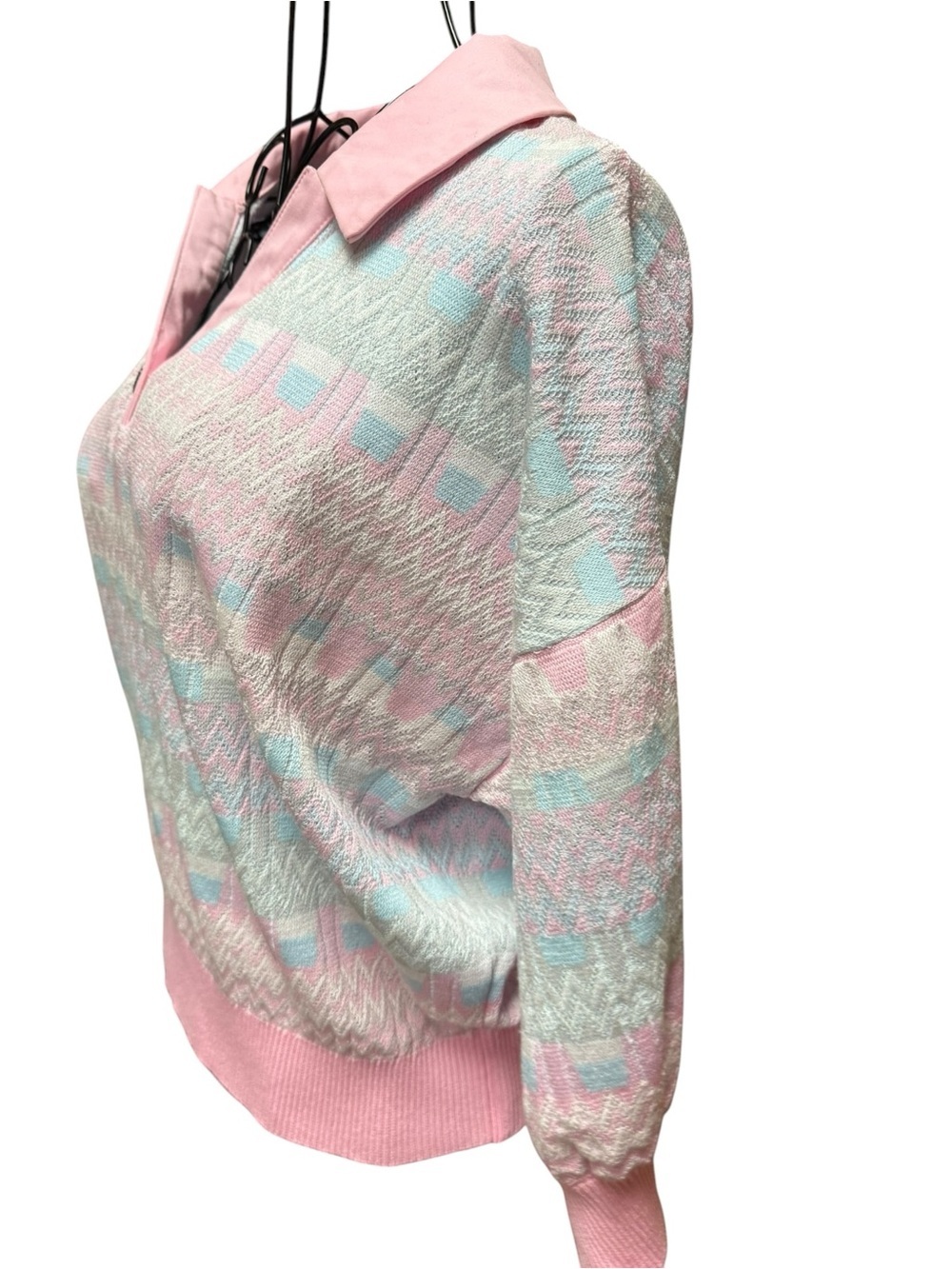 Ming Wang Pink Collared Knit Top with Mint and Cream Accents Small - Picture 5 of 8